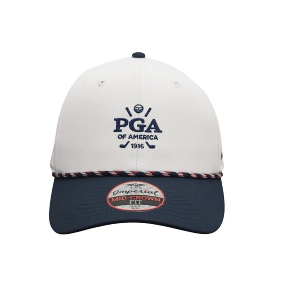 PGA Golf Cap Hat Imperial Mid Crown Snap Back 1916 Logo White Navy 50 Years - Picture 1 of 6